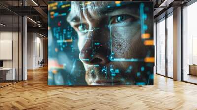 Facial Recognition Technology: A portrait of a person representing modern facial recognition technology and cybersecurity in a dark and futuristic setting Wall mural