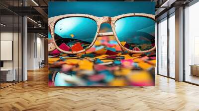 Glasses with confetti on color background  Wall mural