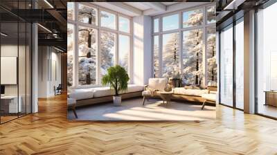 High-gloss white window frames highlighting wooden exterior views Wall mural