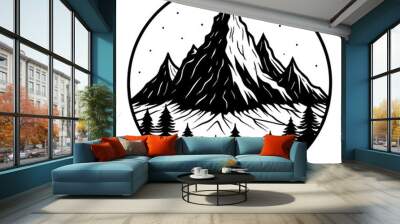 illustration on the mountain, black mountain silhouette vector illustration,icon,svg,mountain characters,Holiday t shirt,Hand drawn trendy Vector illustration,christmas tree on black background Wall mural