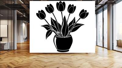 tulips in vase silhouette on white background, Vector illustration, silhouette, bird, icon, svg, characters, Holiday t shirt, Hand drawn trendy Vector illustration, Rose flower Wall mural