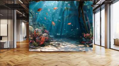 Magical Underwater World: Colorful Fish and Coral Reefs Illustrating the Breathtaking Beauty of Aquatic Life in Ocean Depths Wall mural