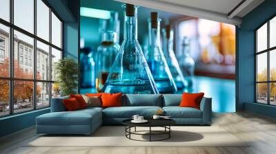 Scientific Experimentation: A close-up view of a laboratory setting with chemical flasks, test tubes, and futuristic blue technology elements Wall mural