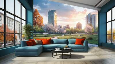 Serene Cityscape, Green Spaces Enhancing Urban Living, The Blend of Nature and Modern Architecture Wall mural