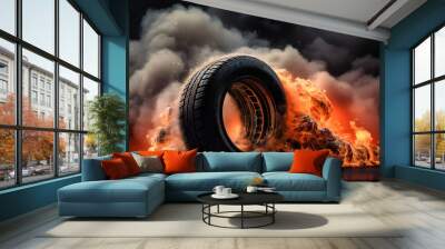 the car tire on fire with smoke coming from it Wall mural