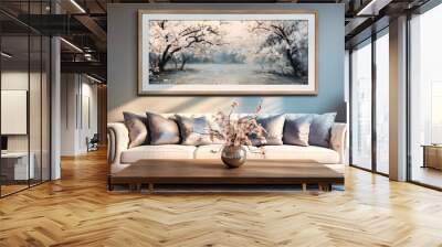 Wooden wall art pieces framed in glossy white borders Wall mural