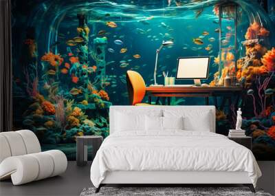 Workspace with underwater themes, bubble walls, and marine decor Wall mural