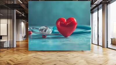 Close-up of a red heart model and stethoscope on a blue textured background, symbolizing cardiovascular health, medical care, and heart disease. Wall mural