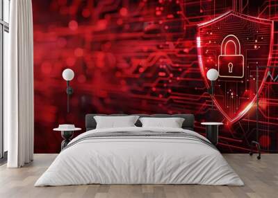 Digital security concept with a lock icon on a futuristic red background symbolizing data protection and cybersecurity. Wall mural