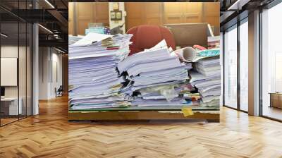 Close up of business documents stack on desk , report papers stack Wall mural