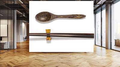 wooden chopsticks and wooden spoon isolated on white background Wall mural