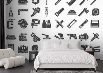 Carpentry industry equipment icons flat set on white background Wall mural