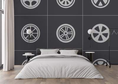 Vector black wheel disks icons set Wall mural