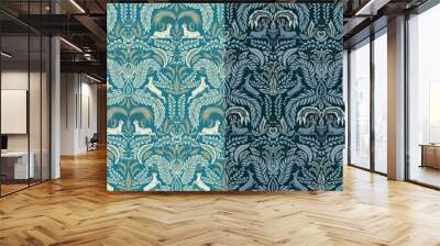 A set of two seamless patterns. An ornament with the image of a deer in green and blue tones. Damask ornament, Victorian style. Design for home textiles, wallpapers, backgrounds. Wall mural