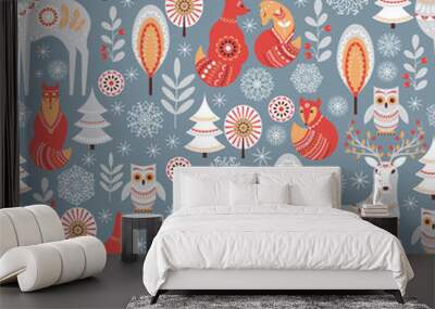 Seamless pattern with winter forest, deer, owl and fox.  Wall mural