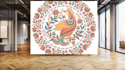 –ü–µ—á–∞—Ç—åCircular ornament with a bird and flowers. Indian style. Kalamkari. Emblem, logo design, t-shirt design, packaging, plate, design for home decor, accessories. Wall mural