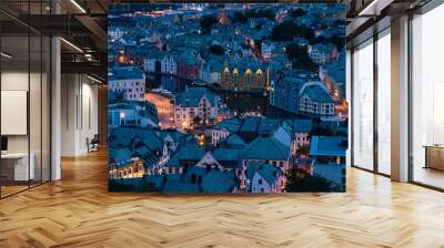 Old town of Alesund city at night in summer season, western Norway, Scandinavia Wall mural