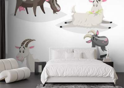 Cute different colors and breeds goats. Cartoon flat style farm animals collection. Eating, sleeping, standing and jumping goats. Vector illustration isolated on white background. Wall mural