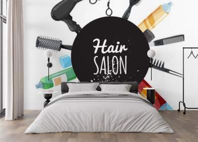 Hair and beauty salon poster with black circle and hair accessories. Professional hairdressers tools. Vector illustrations isolated on white background. Wall mural