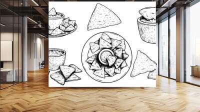 nachos sketch style set. single, group on plate and with sauce nachos. top view. traditional mexican Wall mural