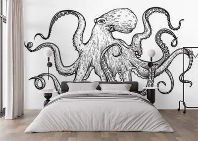 Octopus in sketch hand drawn style. Retro vintage sea monster drawing. Best for seafood and nautical designs. Vector illustration on white. Wall mural