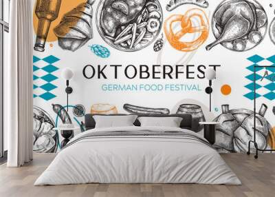  Oktoberfest background in collage style. German food sketches. Vector menu design. German cuisine banner in vintage style. Traditional Food festival illustration. Beer hand drawing Wall mural