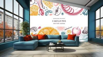 Apple pie and pear cooking process banner. Hand drawn baking cakes, pies, ingredients design. Homemade fruits dessert recipe book. Top view illustration for food delivery, cafe menu.  Wall mural