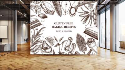 Gluten free baking design. Hand drawn cereal crops sketches. Tasty and healthy food illustration. Farm market products. Great for bakery, packaging, menu, label. Vector pastry and desserts template. Wall mural