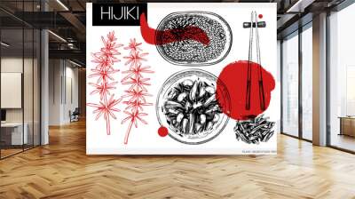 Hand-drawn hijiki sketches set. Artistic sea vegetable drawings. Sea kale in collage style. Edible seaweed vector food illustration. Japanese cuisine dishes collection. Heathy eating ingredients Wall mural