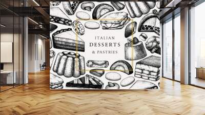 Italian desserts, pastries, cookies banner. With hand drawn baking sketch illustration. Vector bakery design. Vintage Italian sweets background for fast food delivery, cafe, restaurant menu. Wall mural