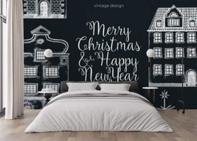 Merry Christmas card template. Architecture sketch. Christmas fair flyer. Hand-drawn vector illustration. NOT AI generated Wall mural