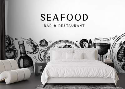 Seafood and wine banner design. Shellfish frame with mollusks, shrimps, fish sketches. Perfect for recipe, menu,  delivery, packaging. Vintage mussels and oyster background Wall mural