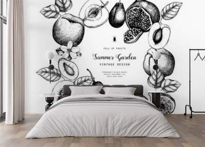 Vector template desin. Hand drawn  fruits  illustrations. Fig, apple, pear,  peach, apricot, persimmon, pomegranate, quince, grapes drawing. Sketched style frame. Wall mural