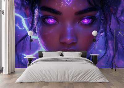 A close-up portrait of a woman with glowing purple eyes and electric energy effects. Wall mural