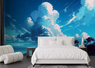 Bright blue cloudy sunny sky created with Generative AI Technology Wall mural