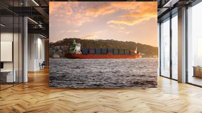 A large transport ship with containers on the deck floats on the sea. Wall mural