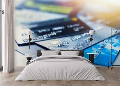 Close-up of a lot of plastic bank cards. Wall mural