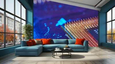 chip is highlighted with blue light. Technology background Wall mural