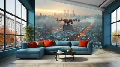 3d rendering of drone carrying box flying over city background for fast delivery concept. Generative AI Wall mural