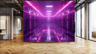 a server room with server racks in the dark, in the style of light indigo and black, glassy translucence. Generative AI. Wall mural