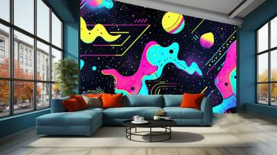 an 80s inspired poster background, featuring abstract illustrations and shapes, quirky neon artwork Wall mural