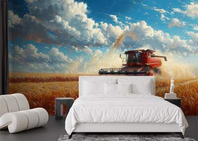 combine harvester cropping yellow wheat in the autumn field, dark turquoise and light crimson, red and indigo, dark gold and crimson. Generative AI Wall mural