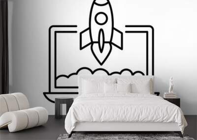 Concept rocket launch from laptop icon. Space rocket flying from notebook into space. Conceptual business startup symbol. Thin line icon on white background. Vector illustration. Wall mural