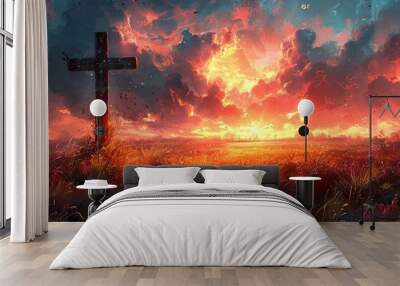 cross christian backgrounds, inspirational cross christian wallpaper, in the style of digital painting and drawing, luminous landscape painting, colorful cartoon. Generative AI. Wall mural