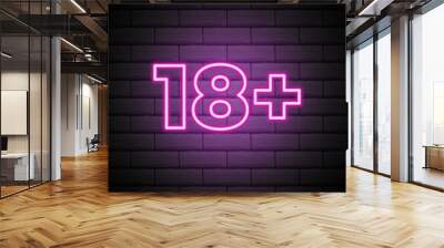 Eighteen plus, age limit, sign in neon style. Only for adults. Night bright neon sign, symbol 18 plus. Wall mural