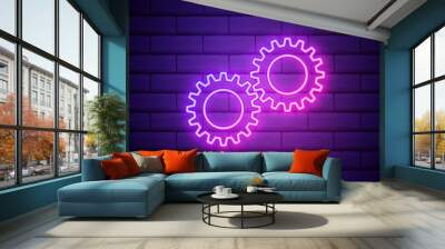 Gear, maintenance. Pink neon vector icon. Glowing gear symbol isolated on brick wall background Wall mural