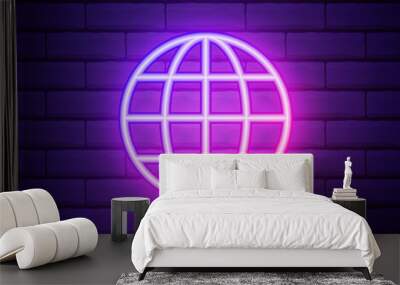 Glowing neon line Earth globe icon isolated on brick wall background. World or Earth sign. Global internet symbol. Geometric shapes. Vector Illustration Wall mural