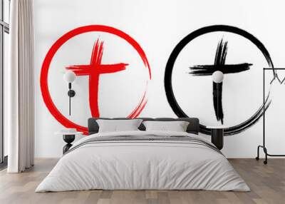 Hand drawn black and red grunge cross icon,Christian cross sign, hand-painted cross symbol created with real ink brush Wall mural