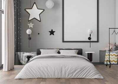 kids modern bedroom, bed, mock-up picture frame on wall, space theme, black and grey style Wall mural