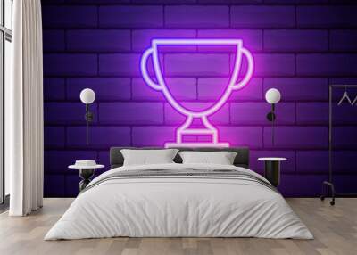 Vector realistic isolated neon sign of Cup trophy frame logo for template decoration and invitation covering on the wall background. Concept of winning, award ceremony and jackpot. Wall mural